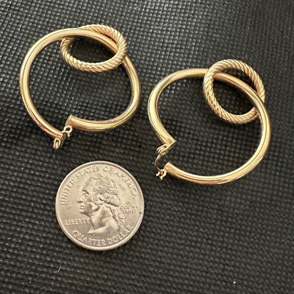 14K Gold Double Circle Hoop Earrings 1.5” - Picture 7 of 11